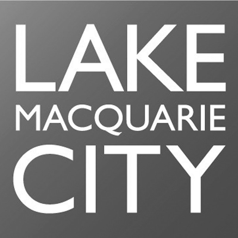 Lake Macquarie City logo in grey and white design.
